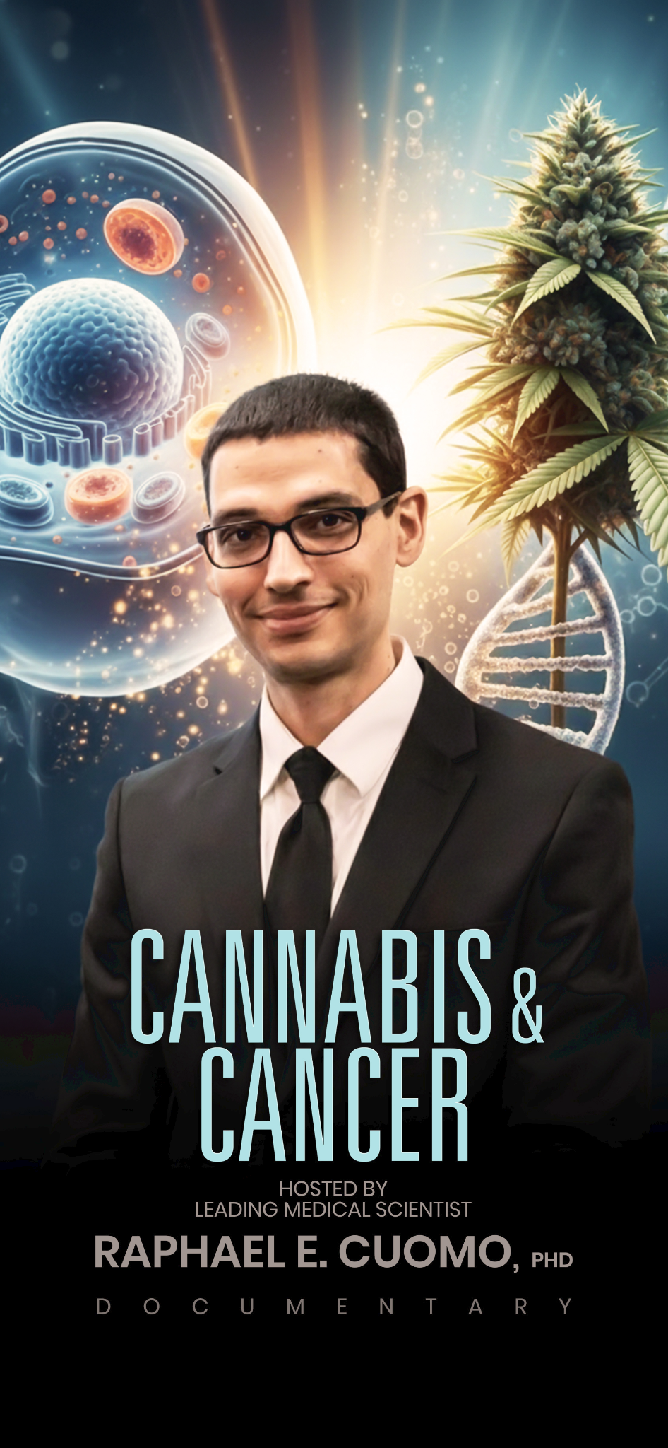 Cannabis and Cancer documentary artwork featuring Raphael E. Cuomo, PhD, with cellular, DNA, and cannabis imagery